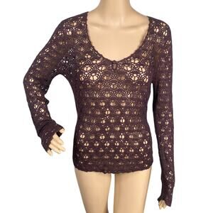 Vtg Y2K Brown Open Weave Crochet Lagenlook Fairy Layering Pullover Sweater S/M